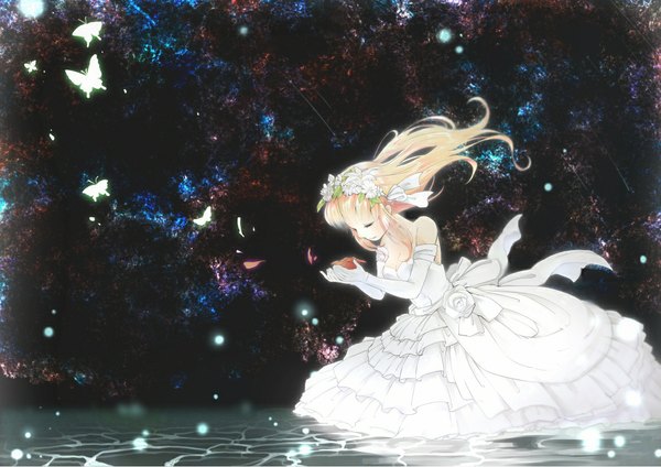 Anime picture 1169x827 with original sabanoneko (artist) long hair blonde hair bare shoulders eyes closed hair flower wind girl dress gloves hair ornament petals water elbow gloves rose (roses) insect butterfly