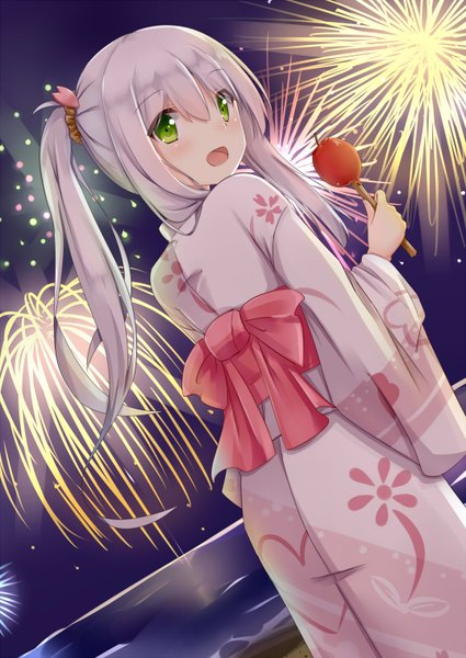 Anime picture 1074x1516 with original mitoko (tsuchikure) tsuchikure (3105mitoko) single long hair tall image looking at viewer open mouth green eyes white hair ponytail looking back night night sky beach fireworks festival girl food sea