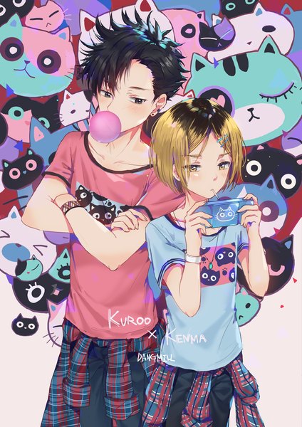 Anime picture 1000x1415 with haikyuu!! production i.g kuroo tetsurou kozume kenma dangmill tall image blush black hair blonde hair signed yellow eyes looking away multicolored hair black eyes two-tone hair multiple boys alternate costume character names crossed arms casual