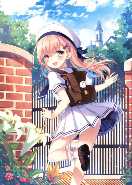 Anime picture 2489x3500 with original hiragi arisa toosaka asagi single long hair tall image blush highres yellow eyes pink hair sky cloud (clouds) looking back scan official art girl uniform school uniform beret