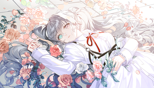 Anime picture 3000x1718 with project sekai vocaloid hatsune miku 25-ji miku mona0101 single long hair looking at viewer fringe highres hair between eyes wide image twintails lying grey hair on back heterochromia girl dress flower (flowers)