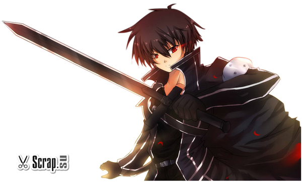 Anime picture 1145x698 with sword art online a-1 pictures kirigaya kazuto single looking at viewer short hair black hair red eyes wide image inscription transparent background boy gloves weapon sword cloak scissors