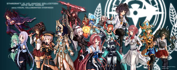 Anime picture 4300x1700 with kantai collection starcraft blizzard entertainment amatsukaze destroyer yamato super battleship zuikaku aircraft carrier yamakaze (kantai collection) tokitsukaze destroyer umikaze (kantai collection) kawakaze (kantai collection) ark royal (kantai collection) battlecruiser (starcraft) alarak overseer artanis talandar wakaura asaho long hair looking at viewer blush