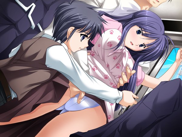 Anime picture 1666x1250 with intruder nishijima sayoko yamamoto kazue long hair blue eyes light erotic black hair blue hair game cg chikan girl boy underwear panties