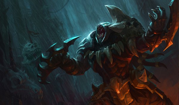 Anime picture 1215x717 with league of legends rengar (league of legends) baron nashor (league of legends) single wide image teeth rain muscle sharp teeth screaming weapon armor skull dragon monster