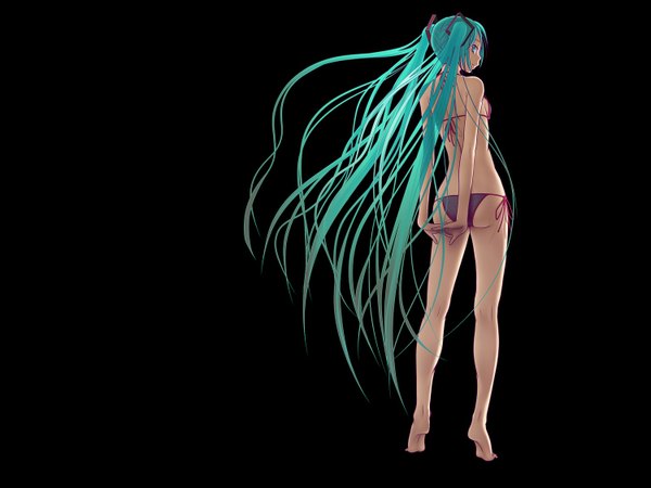 Anime picture 1500x1125 with vocaloid hatsune miku wokada single looking at viewer fringe light erotic simple background twintails bare shoulders very long hair profile looking back barefoot aqua eyes from behind aqua hair bare legs black background hands behind back