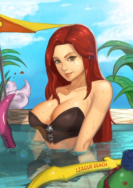Anime picture 1000x1415 with league of legends katarina (league of legends) supullim single long hair tall image breasts light erotic large breasts green eyes sky cloud (clouds) red hair lips wet scar girl pool
