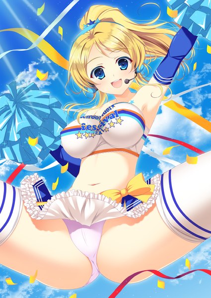 Anime picture 700x988 with love live! school idol project sunrise (studio) love live! ayase eli naruse mamoru long hair tall image blush breasts open mouth blue eyes light erotic blonde hair smile large breasts sky cloud (clouds) ponytail sunlight armpit (armpits)