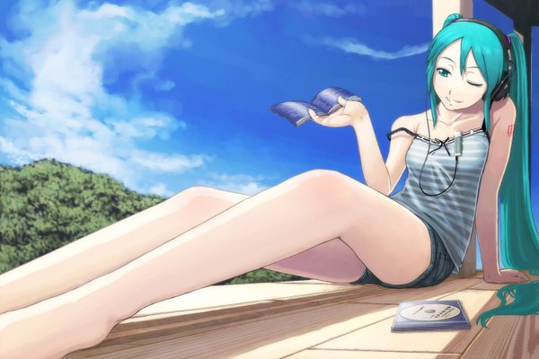 Anime picture 1500x1000 with vocaloid hatsune miku itou (onsoku tassha) smile sitting twintails bare shoulders sky very long hair one eye closed wink aqua hair sleeveless girl shorts headphones book (books)