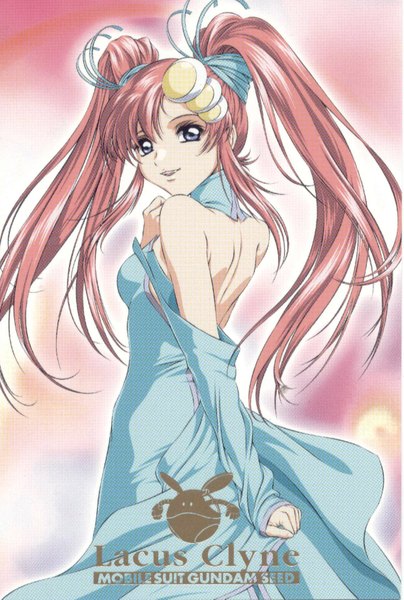 Anime picture 1240x1839 with mobile suit gundam gundam seed sunrise (studio) lacus clyne long hair tall image twintails pink hair looking back grey eyes girl dress hair ornament detached sleeves hairclip blue dress