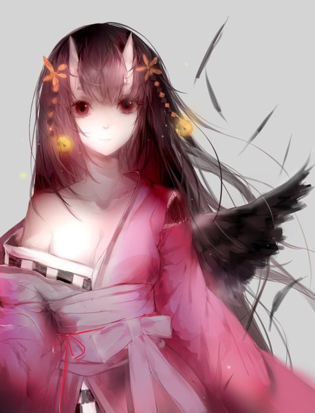 Anime picture 1149x1504 with original sa'yuki single long hair tall image looking at viewer fringe breasts simple background red eyes brown hair cleavage traditional clothes japanese clothes horn (horns) off shoulder grey background black wings oni horns girl