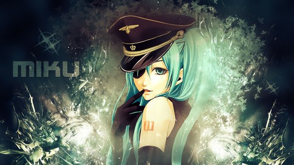 Anime picture 1920x1080 with vocaloid hatsune miku hazuki (azana) single long hair highres wide image twintails bare shoulders aqua eyes aqua hair tattoo wallpaper finger to mouth military girl gloves uniform hat elbow gloves
