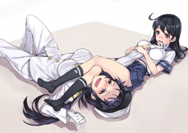 Anime picture 1200x850 with kantai collection ushio destroyer female admiral (kantai collection) matsuryuu long hair blush breasts black hair purple eyes multiple girls ahoge lying on back no shoes saliva girl skirt gloves uniform 2 girls