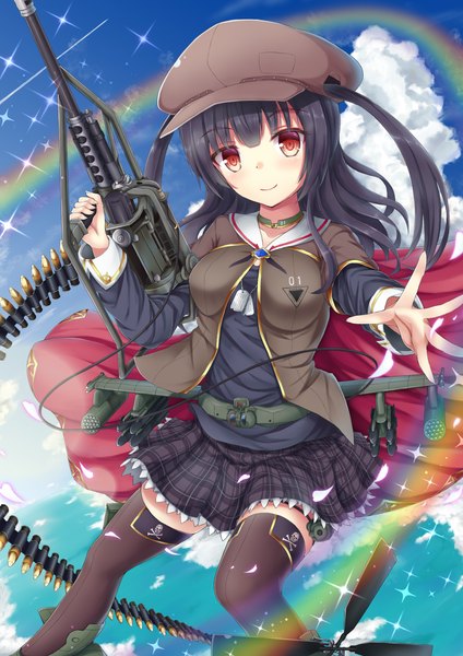 Anime picture 1200x1697 with original tf (tfx2) single long hair tall image looking at viewer black hair smile red eyes girl thighhighs skirt weapon black thighhighs petals gun flat cap