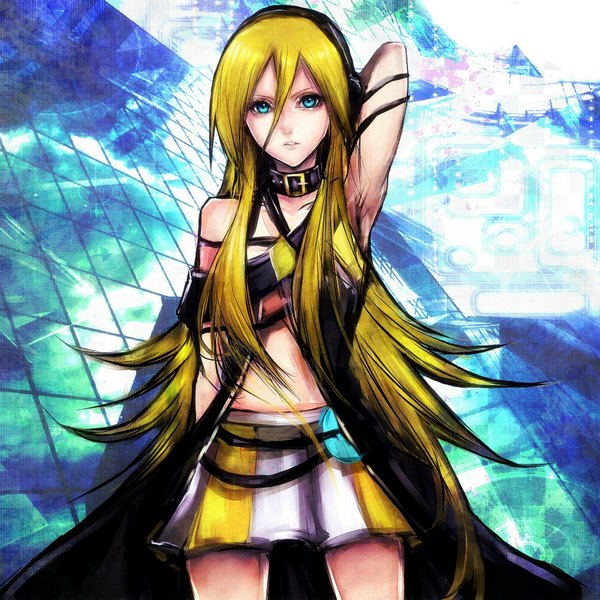 Anime picture 1000x1000 with vocaloid lily (vocaloid) sasaki ryou single long hair looking at viewer blue eyes blonde hair bare shoulders very long hair teeth midriff girl skirt choker belt headphones