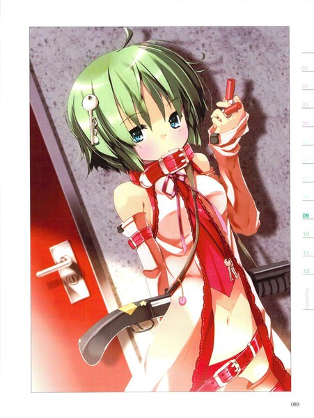 Anime picture 1503x2000 with original refeia single tall image blush highres short hair blue eyes bare shoulders green hair open clothes embarrassed girl navel hair ornament weapon detached sleeves necktie belt gun