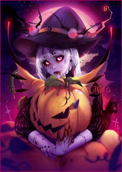 Anime picture 707x1000 with original yaichino (artist) long hair tall image fringe holding sky full body white hair nail polish head tilt pink eyes lips night glowing crossed arms halloween black nail polish witch eyes