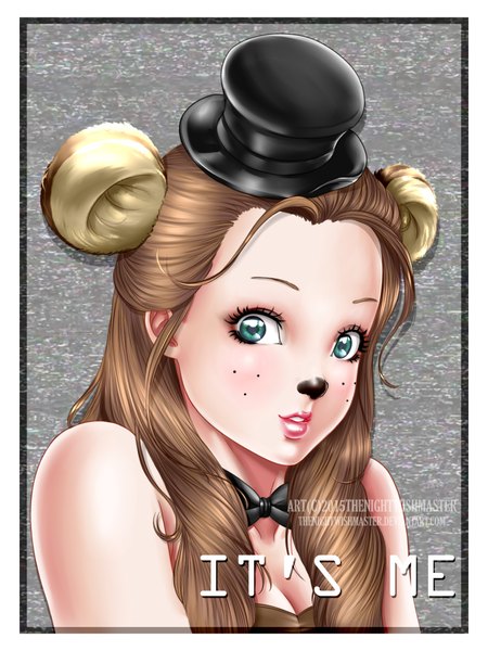 Anime picture 1500x2000 with five nights at freddy's freddy fazbear thenightwishmaster single long hair tall image looking at viewer brown hair green eyes animal ears upper body lips eyebrows makeup genderswap girl bow hat mini hat mini top hat