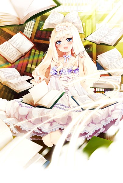 Anime picture 900x1337 with original anz (starry) single long hair tall image looking at viewer blush fringe open mouth blue eyes blonde hair sitting bare shoulders indoors magic girl dress book (books) library