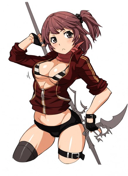 Anime picture 1500x2057 with granado espada penguin caee tall image short hair breasts light erotic brown hair white background black eyes underboob side ponytail unzipped girl thighhighs navel weapon swimsuit belt thigh strap scrunchie