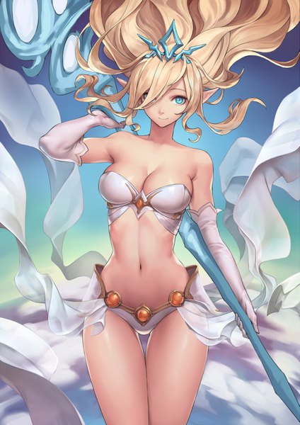 Anime picture 2121x3000 with league of legends janna windforce oopartz (grooooovy) single long hair tall image looking at viewer fringe highres breasts blue eyes light erotic blonde hair large breasts bare shoulders cleavage pointy ears hair over one eye thigh gap girl
