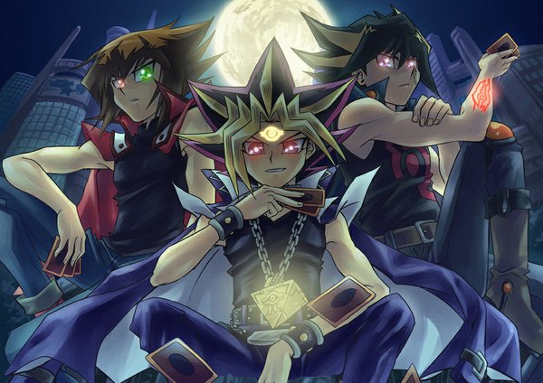 Anime picture 1000x707 with yu-gi-oh! yami yuugi fudou yusei juudai yuuki raku (howdy) looking at viewer short hair smile holding pink eyes multicolored hair fingernails lips night two-tone hair sleeveless heterochromia glowing eyebrows glowing eye (eyes)