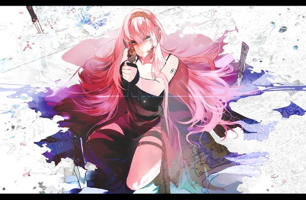 Anime picture 1300x850 with vocaloid megurine luka hebi (yurari) single long hair fringe holding pink hair aqua eyes tattoo squat girl weapon headphones gun knife