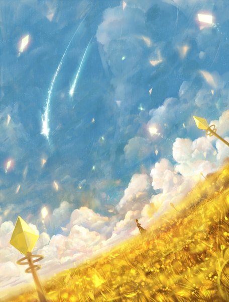 Anime picture 1330x1750 with original bounin single tall image short hair brown hair sky cloud (clouds) glowing glow field girl plant (plants)