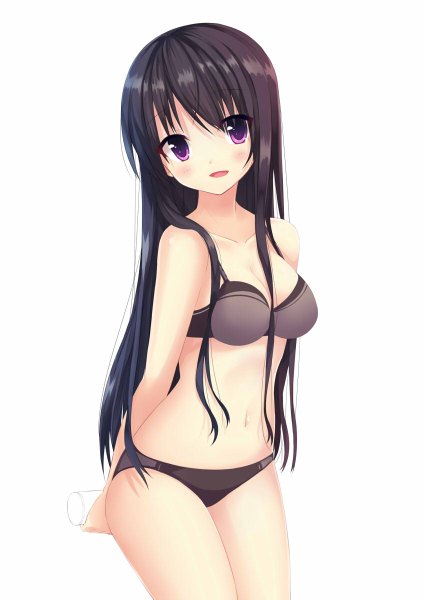 Anime picture 848x1200 with original aixioo single long hair tall image blush open mouth light erotic black hair simple background white background purple eyes underwear only girl navel underwear panties lingerie bra black panties
