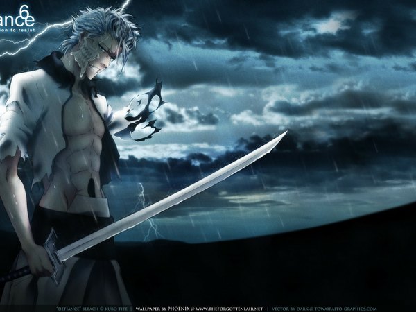 Anime picture 1024x768 with bleach studio pierrot grimmjow jeagerjaques single short hair blue eyes holding blue hair sky cloud (clouds) night torn clothes rain espada boy weapon sword katana