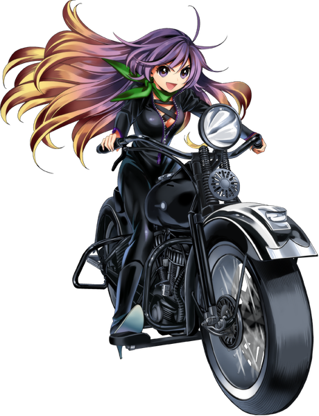 イラスト 686x894 と 東方 東方深秘録 harley davidson 聖白蓮 春河もえ ソロ 長髪 長身像 前髪 おっぱい 開いた口 金髪 笑顔 座る 紫目 looking away cleavage purple hair 全身 :d