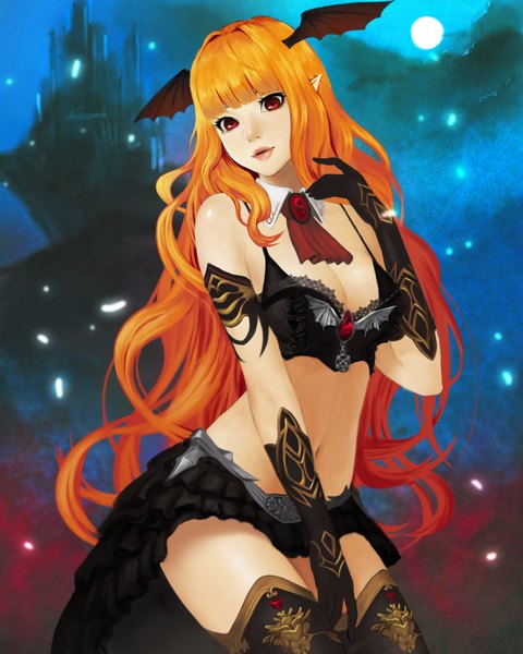 Anime picture 1200x1500 with original meto31 single long hair tall image looking at viewer fringe breasts light erotic red eyes pointy ears orange hair bare belly wavy hair head wings girl thighhighs gloves navel wings