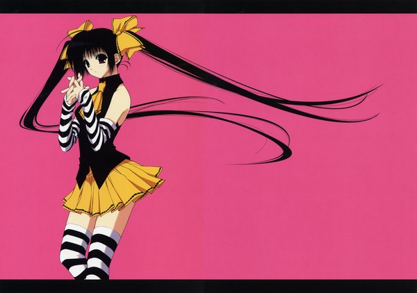 Anime picture 4912x3462 with tagme (character) suzuhira hiro highres black hair letterboxed pink background thighhighs ribbon (ribbons)
