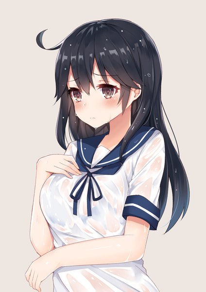 Anime picture 2894x4093 with kantai collection ushio destroyer coffeedog single long hair tall image blush fringe highres light erotic black hair simple background hair between eyes brown eyes looking away ahoge wet hand on chest wet clothes girl
