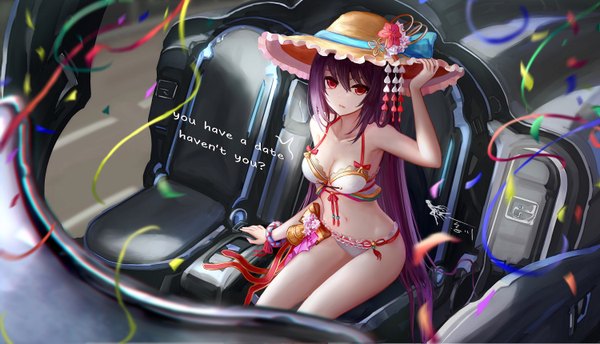 Anime picture 1500x860 with shironeko project kasumi (shironeko project) wangchuan de quanyan single looking at viewer fringe breasts light erotic red eyes wide image large breasts sitting bare shoulders purple hair very long hair from above text looking up english revision