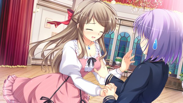 Anime picture 1024x576 with himegoto masquerade shirahane itsuki mikeou long hair blush short hair breasts light erotic brown hair wide image game cg purple hair eyes closed parted lips embarrassed hand on chest breast grab otoko no ko dancing girl