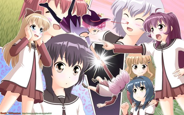 Anime picture 1920x1200 with yuru yuri doga kobo toshinou kyouko akaza akari yoshikawa chinatsu funami yui sugiura ayano oomuro sakurako furutani himawari ikeda chitose mirakurun paco 2 long hair blush highres short hair blue eyes black hair blonde hair red eyes