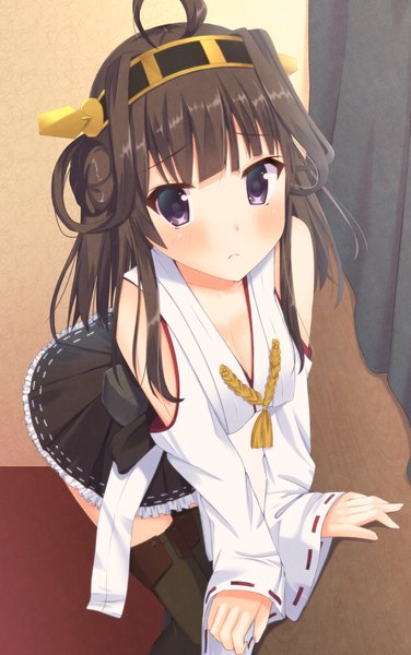 Anime picture 709x1129 with kantai collection kongou battleship takumi1006 single long hair tall image looking at viewer blush brown hair purple eyes ahoge nontraditional miko girl hair ornament detached sleeves hairband
