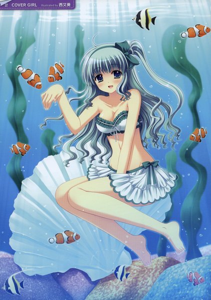 Anime picture 2454x3486 with nishimata aoi single long hair tall image looking at viewer blush highres open mouth blue eyes light erotic bare shoulders blue hair absurdres cleavage barefoot scan underwater between legs girl skirt