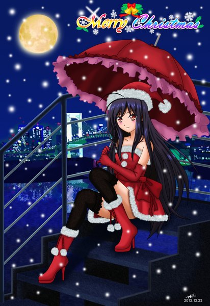 Anime picture 1300x1891 with accel world sunrise (studio) kuroyukihime nihility (artist) single long hair tall image blush fringe black hair sitting bare shoulders brown eyes very long hair light smile night night sky fur trim snowing christmas