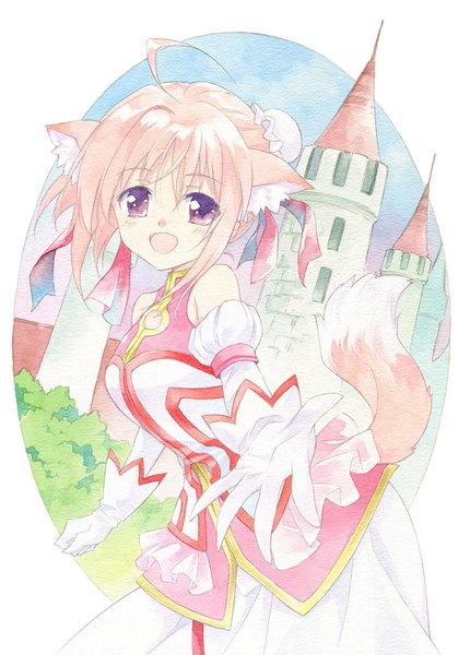Anime picture 750x1046 with dog days millhiore f biscotti agahari single tall image blush fringe short hair open mouth purple eyes bare shoulders animal ears pink hair ahoge tail animal tail hair bun (hair buns) outstretched arm traditional media dog ears