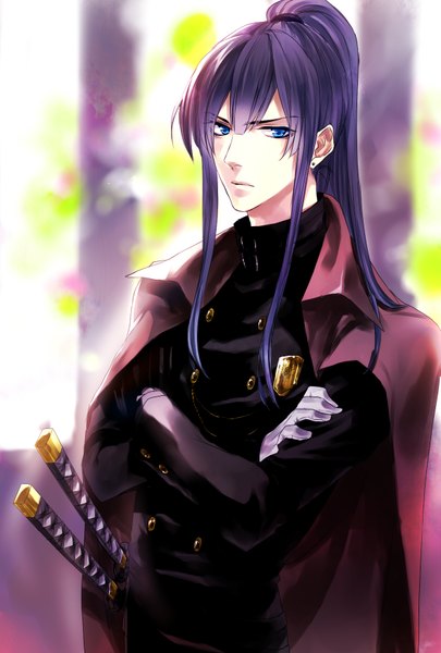 Anime picture 1181x1748 with d.gray-man kanda yuu koshian (hishino) single long hair tall image looking at viewer blue eyes hair between eyes payot purple hair ponytail piercing turning head ear piercing crossed arms boy weapon sword jacket