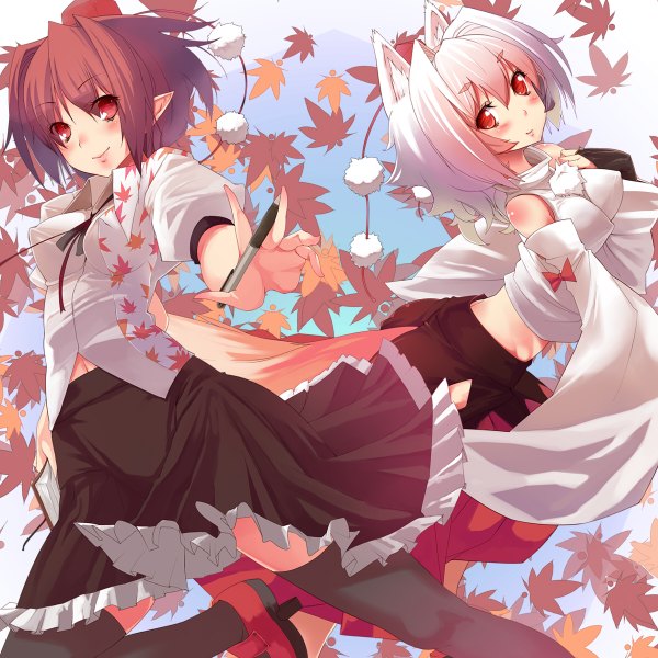 Anime picture 1200x1200 with touhou shameimaru aya inubashiri momiji blush short hair smile red eyes brown hair bare shoulders multiple girls animal ears white hair animal tail pointy ears wolf ears wolf tail wolf girl girl thighhighs black thighhighs