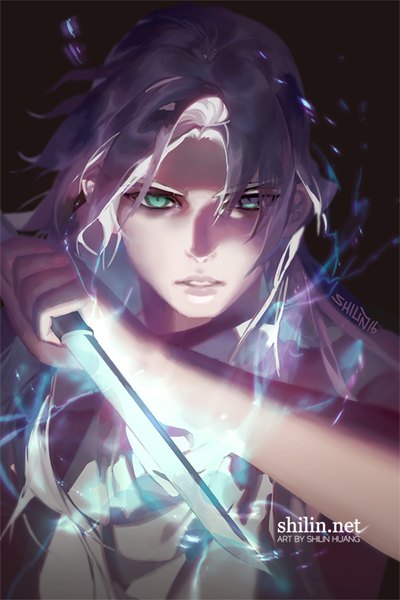 Anime picture 600x900 with carciphona veloce visrin shilin single long hair tall image looking at viewer fringe blue eyes simple background holding green eyes signed payot silver hair upper body parted lips lips hair over one eye teeth