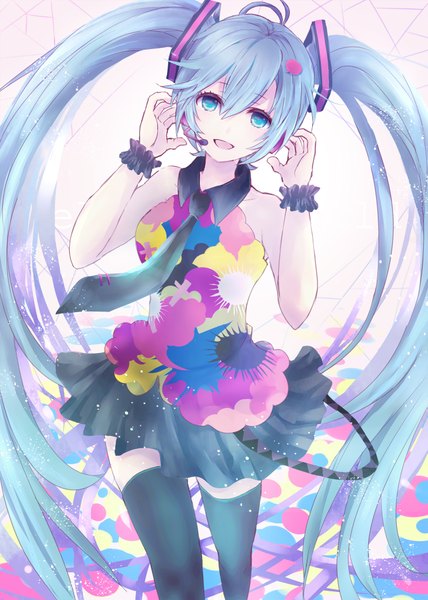 Anime picture 1485x2080 with vocaloid tell your world (vocaloid) hatsune miku alicetype single long hair tall image looking at viewer blush fringe open mouth blue eyes standing twintails blue hair wind singing multicolored girl thighhighs