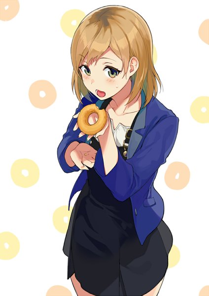 Anime picture 800x1131 with shirobako p.a. works miyamori aoi sasamori tomoe single tall image looking at viewer blush short hair open mouth blonde hair standing green eyes from above eating girl food doughnut