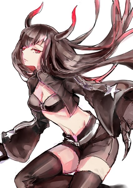 Anime picture 2150x3024 with black rock shooter black gold saw single long hair tall image looking at viewer fringe highres black hair simple background red eyes brown hair white background red hair very long hair multicolored hair horn (horns) two-tone hair midriff open shorts