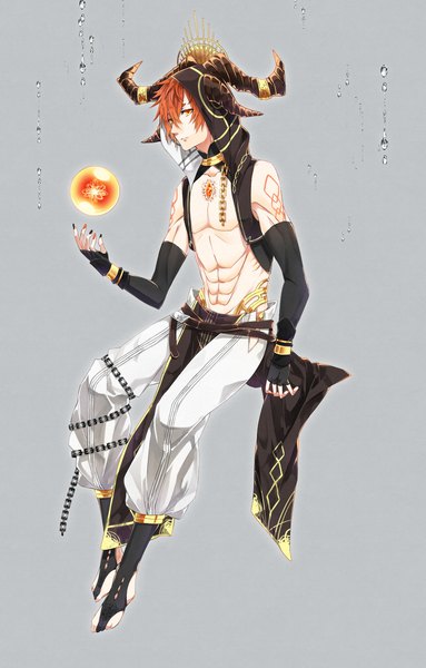 Anime picture 1405x2200 with the compass of 99 roads kadzuwa single tall image short hair simple background red eyes sitting bare shoulders yellow eyes full body red hair nail polish horn (horns) orange hair grey background open clothes bare belly tattoo muscle