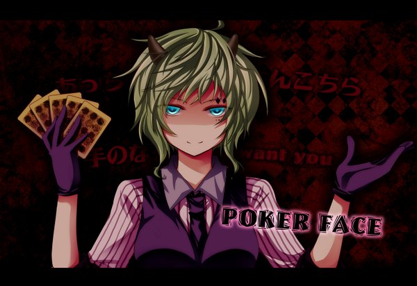 Anime picture 1500x1032 with vocaloid poker face (vocaloid) gumi short hair blue eyes smile horn (horns) green hair facial mark girl gloves shirt necktie vest card (cards)
