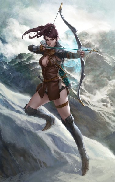 Anime picture 757x1200 with castlot (game) artgerm (stanley lau) single long hair tall image brown hair brown eyes sky full body ponytail realistic snow mountain girl gloves weapon fingerless gloves thigh boots bow (weapon) arrow (arrows)